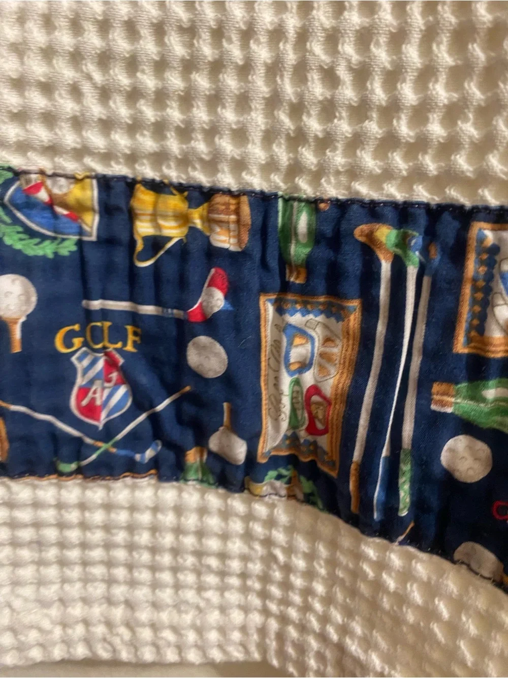 Vintage Golf Theme Tea Kitchen Towel 25”x14” Cream Waffle Navy Blue Panel H&C Co